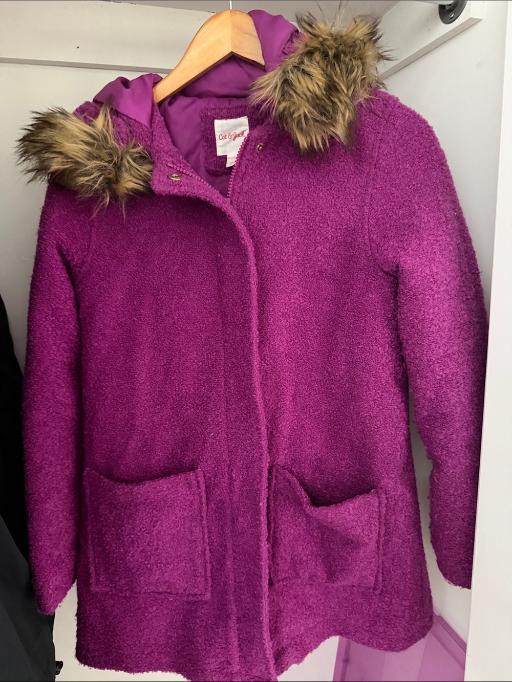 Cat & Jack Girls' Magenta Hooded Pea Coat with Faux-Fur Trim